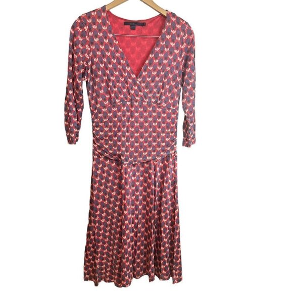 Boden Dress Red Floral Lyocell Double Layer‎ Cross Wrap V-Neck Long Sleeve Sz 10 - Picture 1 of 8